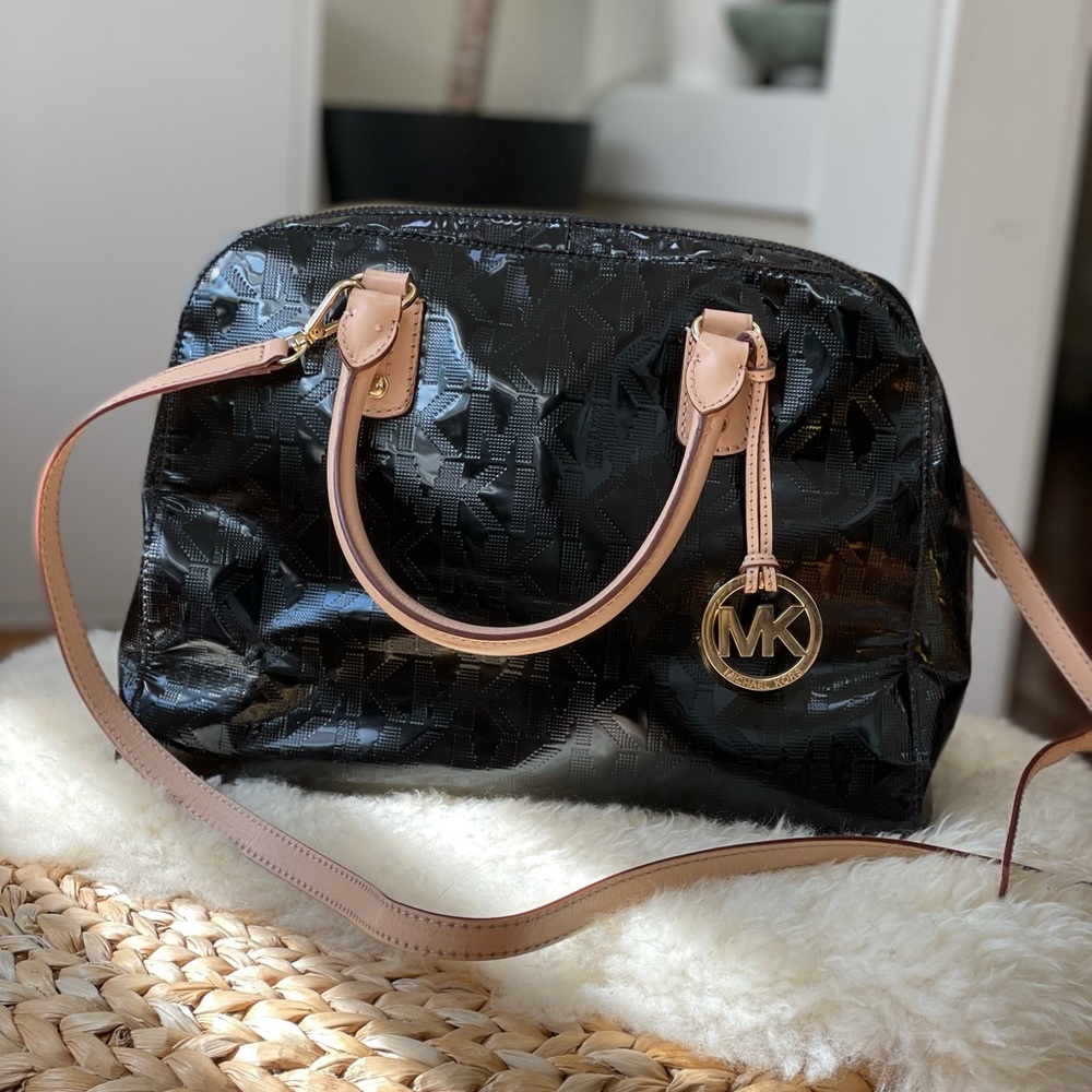Michael Kors Black Mirror MK Logo Leather Handbag